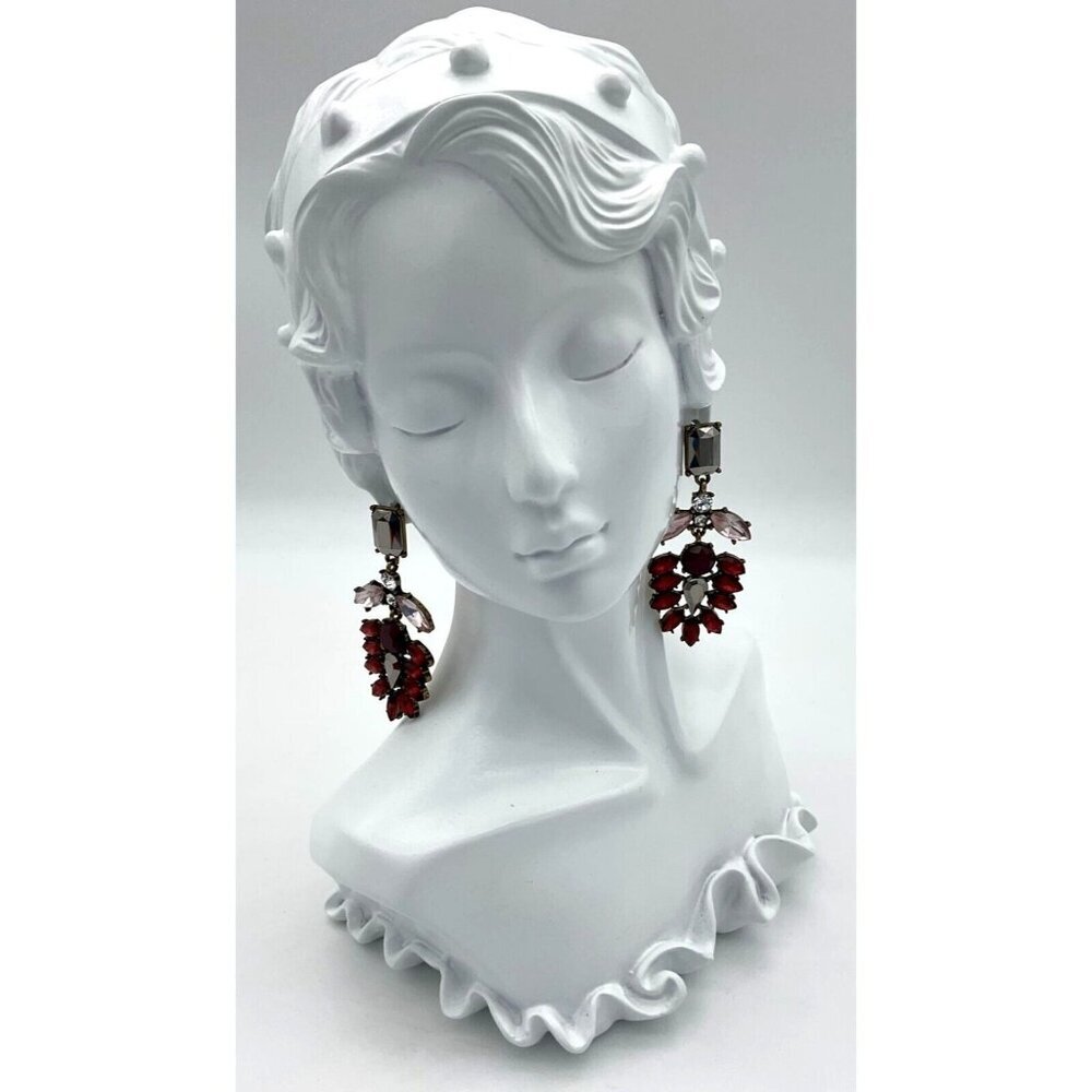 3in Statement Drop Dangle Earrings Red & Pink Gemstones Wedding Formal Party - Picture 4 of 5